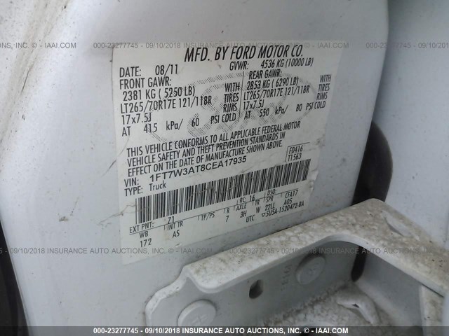 1FT7W3AT8CEA17935 - 2012 FORD F350 SUPER DUTY WHITE photo 9