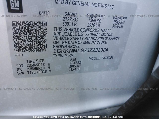 1GKKNMLS7JZ232384 - 2018 GMC ACADIA SLT-1 Argent photo 9