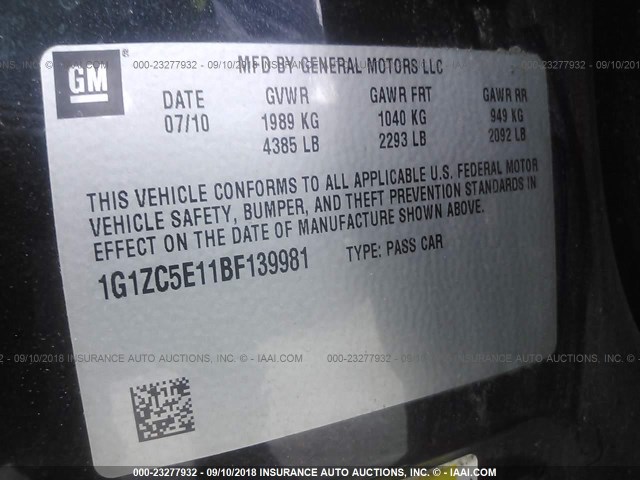 1G1ZC5E11BF139981 - 2011 CHEVROLET MALIBU 1LT 黑色 照片 9