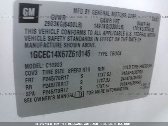 1GCEC14X67Z610145 - 2007 CHEVROLET SILVERADO C1500 CLASSIC WHITE photo 9