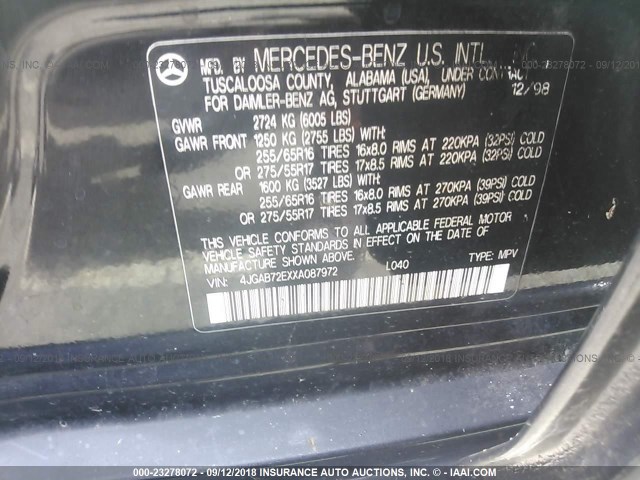 4JGAB72EXXA087972 - 1999 MERCEDES-BENZ ML 430 黑色 照片 9