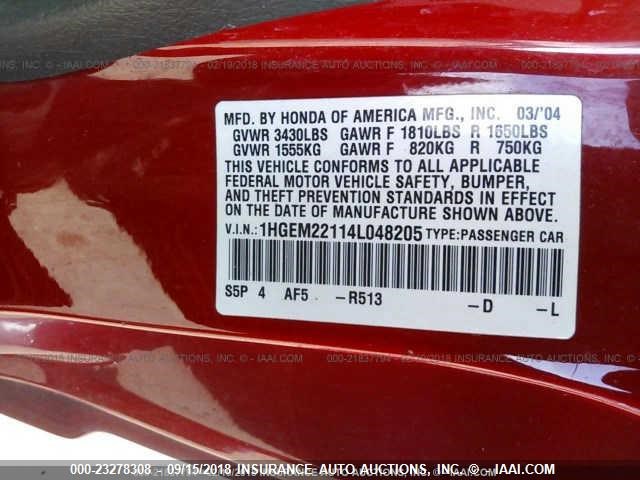 1HGEM22114L048205 - 2004 HONDA CIVIC DX VP RED photo 9