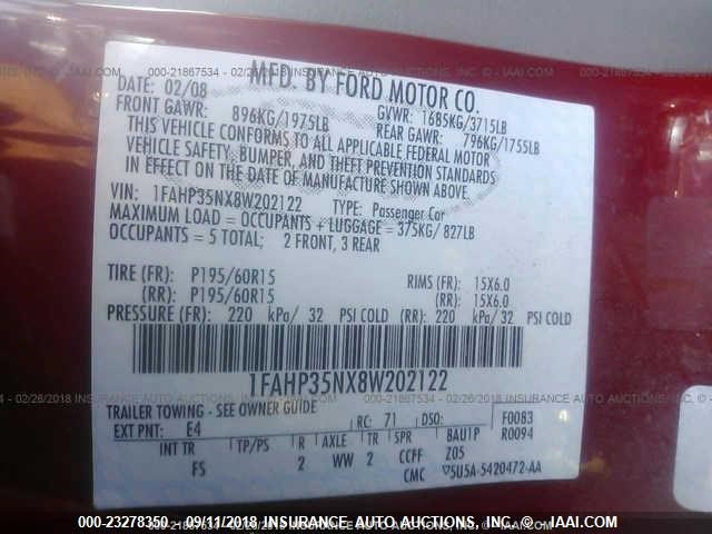 1FAHP35NX8W202122 - 2008 FORD FOCUS SE/SEL/SES RED photo 9