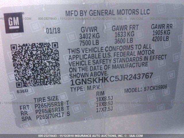 1GNSKHKC5JR243767 - 2018 CHEVROLET SUBURBAN K1500 LT SILVER photo 9