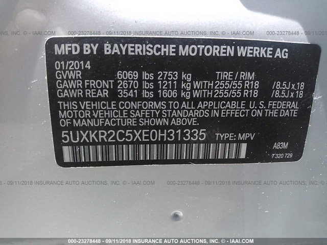 5UXKR2C5XE0H31335 - 2014 BMW X5 SDRIVE35I SILVER photo 9