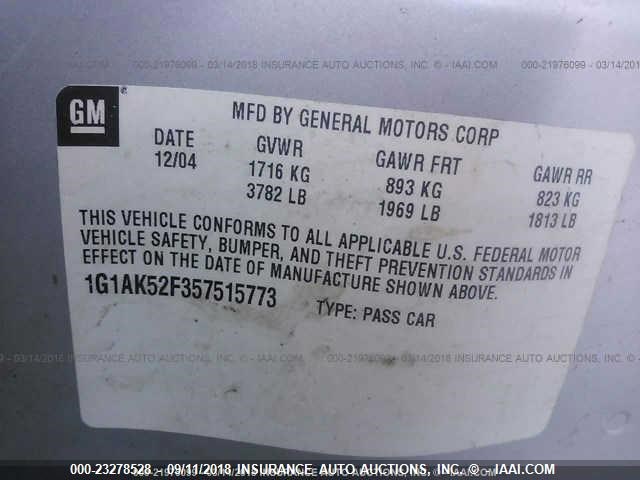 1G1AK52F357515773 - 2005 CHEVROLET COBALT SILVER photo 9