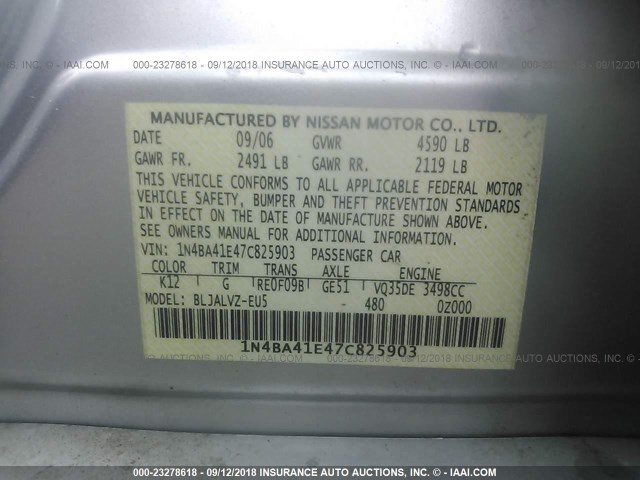 1N4BA41E47C825903 - 2007 NISSAN MAXIMA SE/SL SILVER photo 9