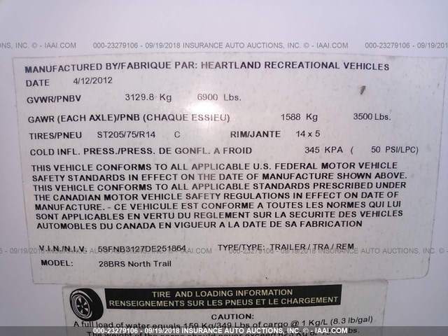 5SFNB3127DE251864 - 2013 HEARTLAND NORTH TRAIL  白色 照片 9