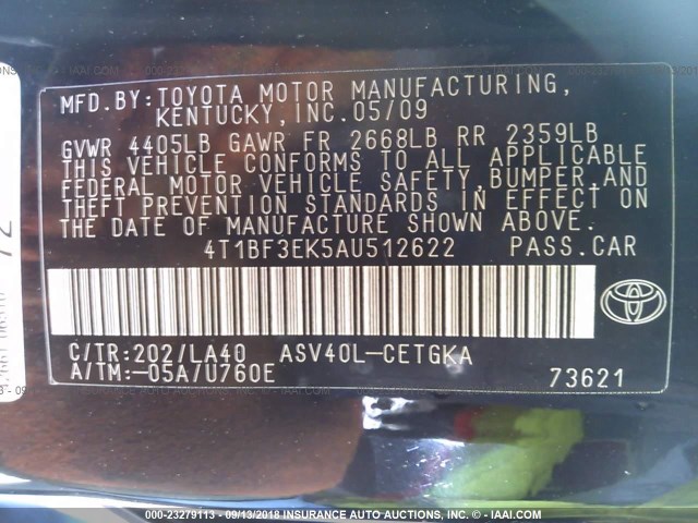 4T1BF3EK5AU512622 - 2010 TOYOTA CAMRY SE/LE/XLE შავი ფოტო 9