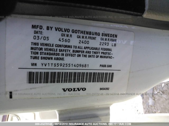 YV1TS592551409681 - 2005 VOLVO S80 2.5T WHITE photo 9