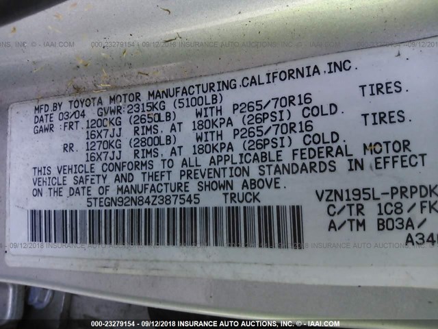 5TEGN92N84Z387545 - 2004 TOYOTA TACOMA DOUBLE CAB PRERUNNER SILVER photo 9