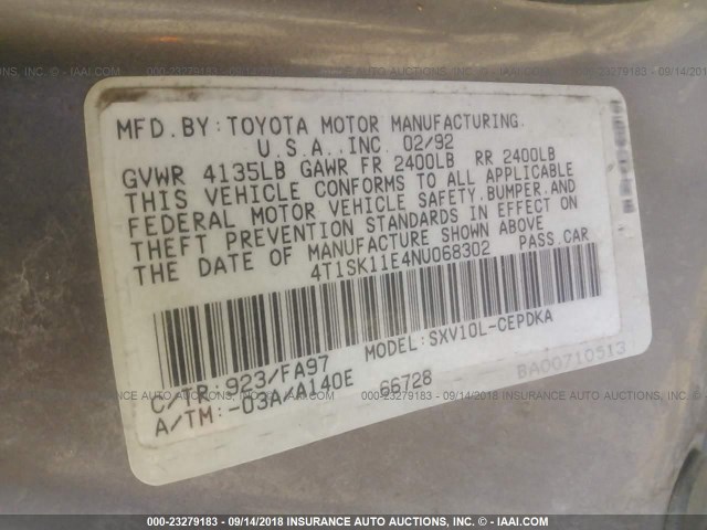 4T1SK11E4NU068302 - 1992 TOYOTA CAMRY DLX SILVER photo 9