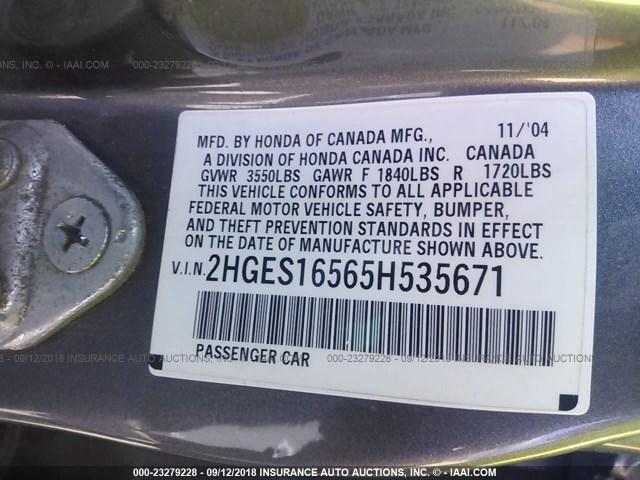 2HGES16565H535671 - 2005 HONDA CIVIC LX GRAY photo 9