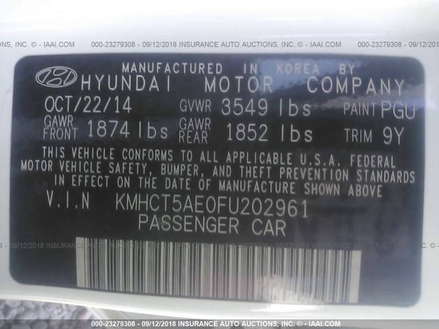 KMHCT5AE0FU202961 - 2015 HYUNDAI ACCENT GS WHITE photo 9