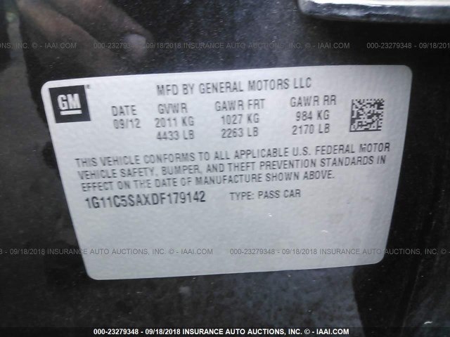 1G11C5SAXDF179142 - 2013 CHEVROLET MALIBU 1LT 黑色 照片 9