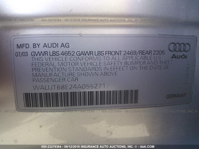 WAUJT68E24A055271 - 2004 AUDI A4 3.0 ვერცხლისფერი ფოტო 9