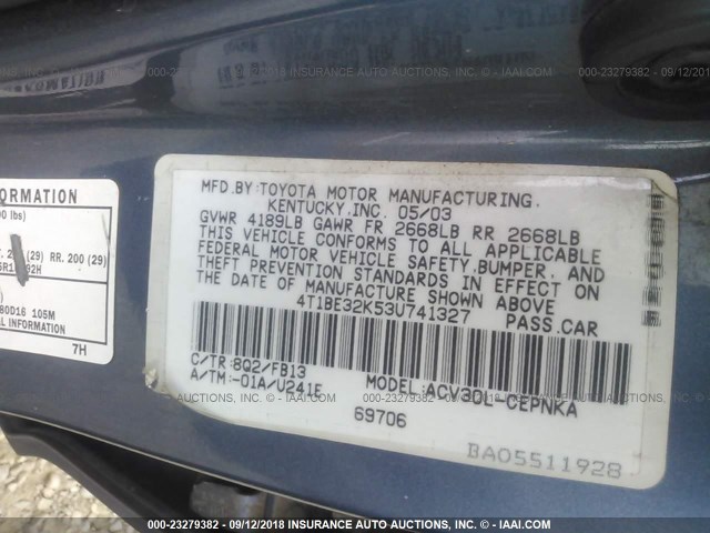 4T1BE32K53U741327 - 2003 TOYOTA CAMRY LE/XLE/SE Ашық көк фото 9