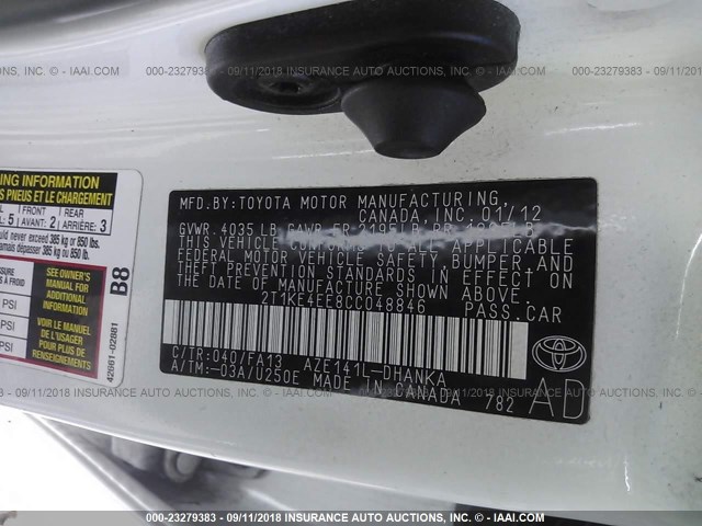 2T1KE4EE8CC048846 - 2012 TOYOTA COROLLA MATRIX S WHITE photo 9