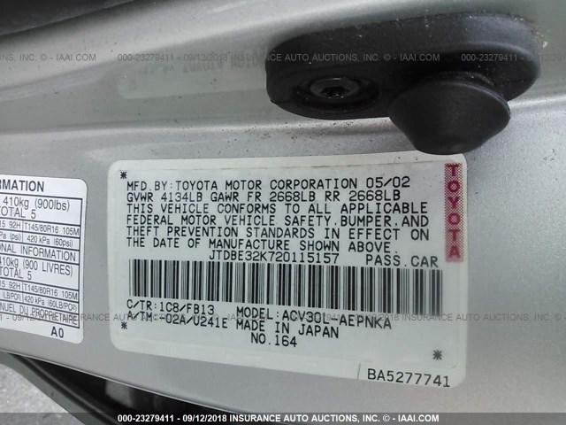 JTDBE32K720115157 - 2002 TOYOTA CAMRY LE/XLE/SE Күміс фото 9