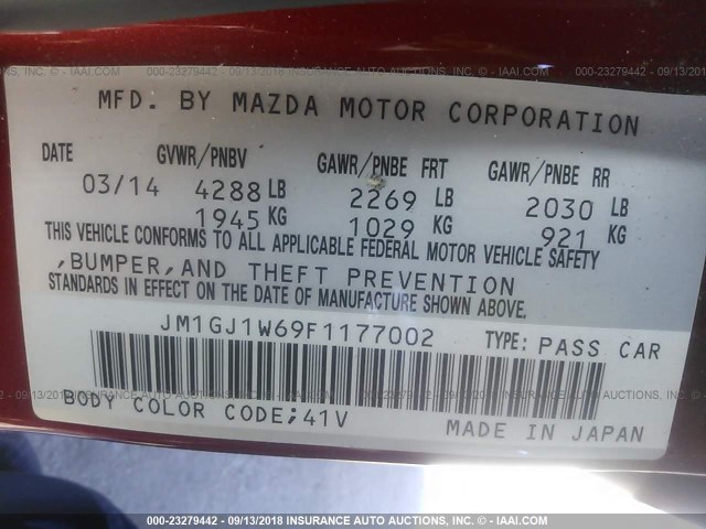 JM1GJ1W69F1177002 - 2015 MAZDA 6 GRAND TOURING RED photo 9