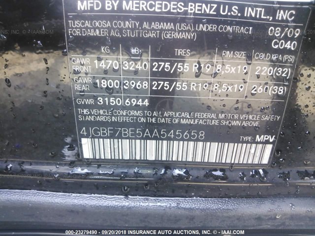 4JGBF7BE5AA545658 - 2010 MERCEDES-BENZ GL 450 4MATIC BLACK photo 9