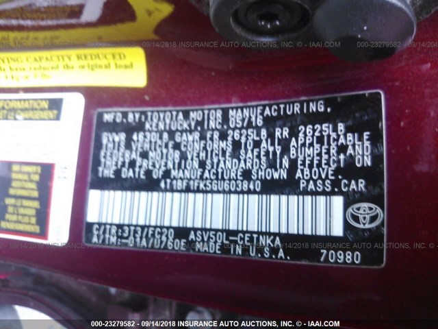 4T1BF1FK5GU603840 - 2016 TOYOTA CAMRY LE/XLE/SE/XSE 红色 照片 9