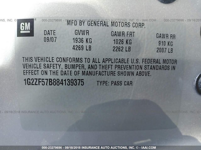 1G2ZF57B884139375 - 2008 PONTIAC G6 VALUE LEADER/BASE SILVER photo 9