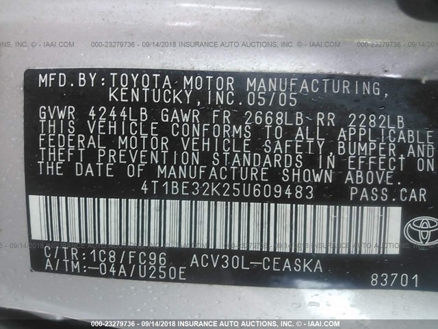 4T1BE32K25U609483 - 2005 TOYOTA CAMRY LE/XLE/SE SILVER photo 9