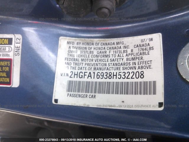 2HGFA16938H532208 - 2008 HONDA CIVIC EXL 蓝色 照片 9