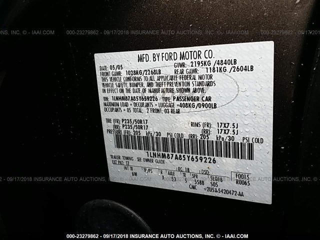 1LNHM87A85Y659226 - 2005 LINCOLN LS GRAY photo 9