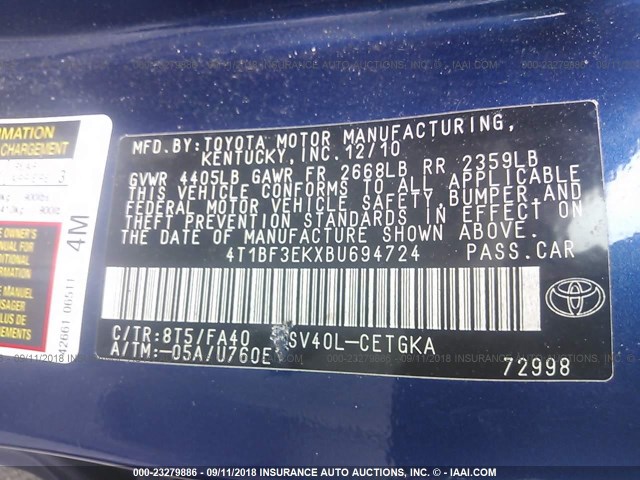 4T1BF3EKXBU694724 - 2011 TOYOTA CAMRY SE/LE/XLE ლურჯი ფოტო 9