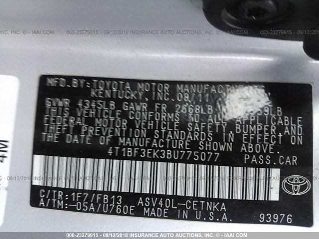 4T1BF3EK3BU775077 - 2011 TOYOTA CAMRY SE/LE/XLE 银色 照片 9