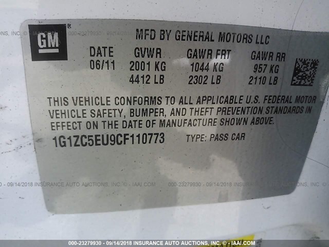 1G1ZC5EU9CF110773 - 2012 CHEVROLET MALIBU 1LT WHITE photo 9