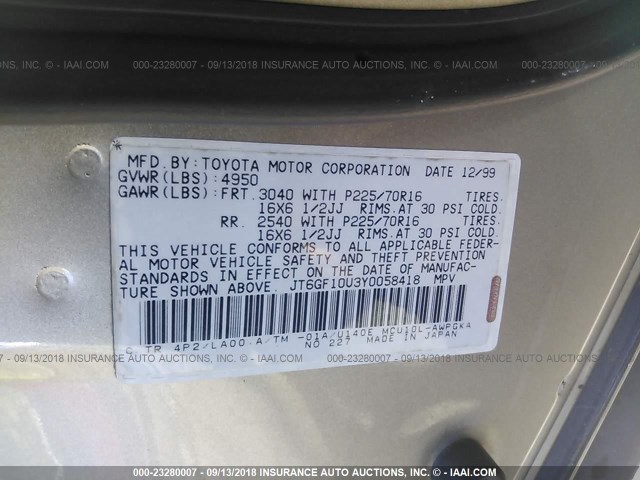 JT6GF10U3Y0058418 - 2000 LEXUS RX 300 Champagne photo 9