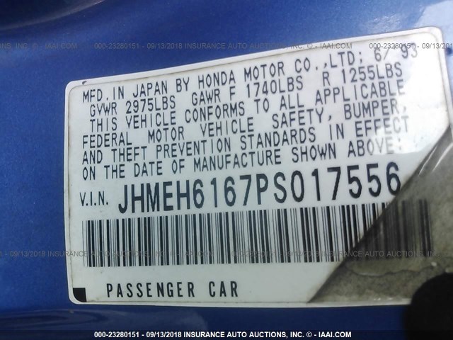 JHMEH6167PS017556 - 1993 HONDA CIVIC DEL SOL SI BLUE photo 9