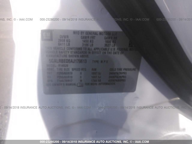 5GALRBED5AJ179613 - 2010 BUICK ENCLAVE CXL თეთრი ფოტო 9