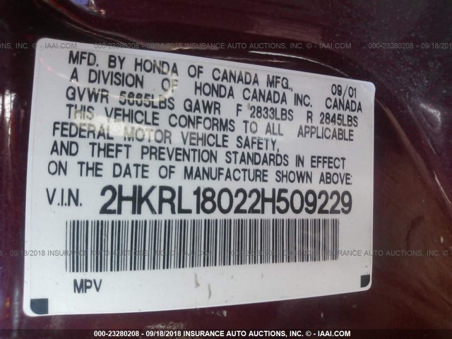 2HKRL18022H509229 - 2002 HONDA ODYSSEY EXL RED photo 9