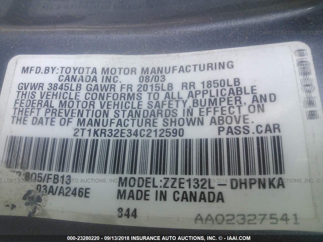 2T1KR32E34C212590 - 2004 TOYOTA COROLLA MATRIX XR BLUE photo 9