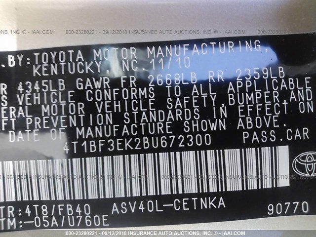 4T1BF3EK2BU672300 - 2011 TOYOTA CAMRY SE/LE/XLE 金色 照片 9