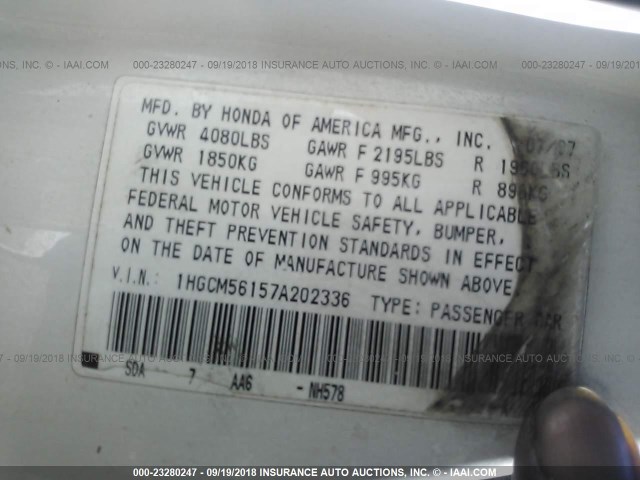 1HGCM56157A202336 - 2007 HONDA ACCORD VALUE WHITE photo 9