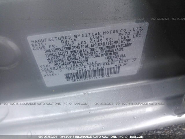 3N1CE2CP7EL430866 - 2014 NISSAN VERSA NOTE S/S PLUS/SV/SL GRAY photo 9
