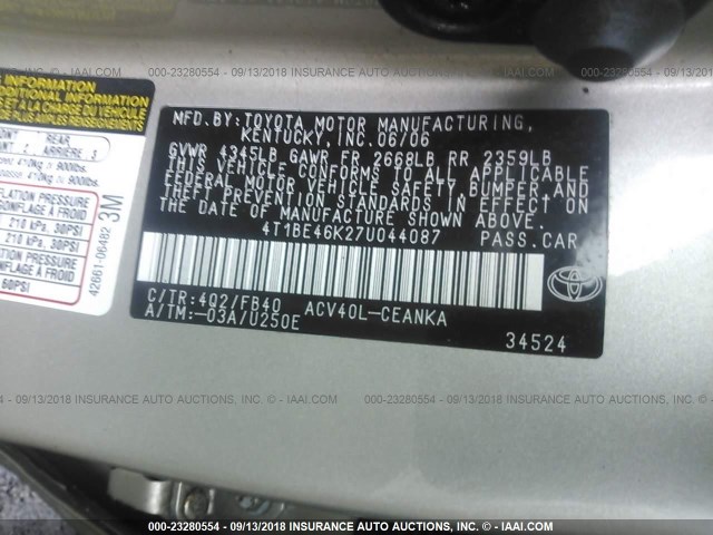 4T1BE46K27U044087 - 2007 TOYOTA CAMRY NEW GENERAT CE/LE/XLE/SE TAN photo 9