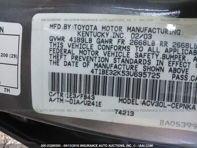 4T1BE32K53U695725 - 2003 TOYOTA CAMRY LE/XLE/SE Boz foto 9