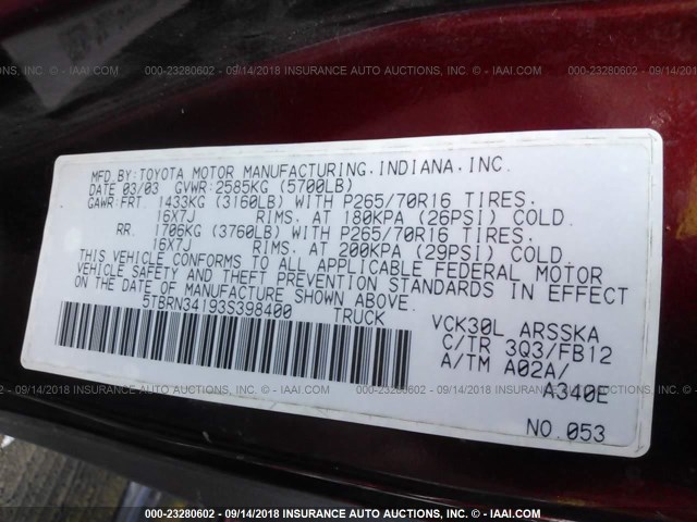 5TBRN34193S398400 - 2003 TOYOTA TUNDRA ACCESS CAB SR5 MAROON photo 9