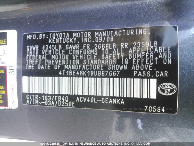 4T1BE46K19U887667 - 2009 TOYOTA CAMRY SE/LE/XLE GRAY photo 9