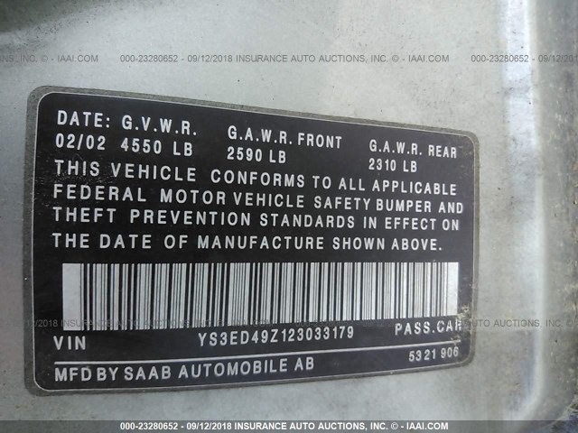 YS3ED49Z123033179 - 2002 SAAB 9-5 ARC GREEN photo 9