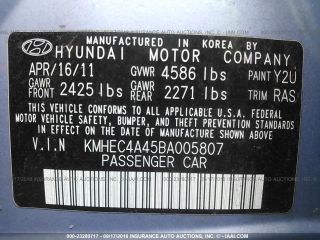 KMHEC4A45BA005807 - 2011 HYUNDAI SONATA HYBRID Light Blue photo 9