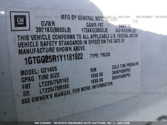 1GTGG25R1Y1181922 - 2000 GMC SAVANA G2500 WHITE photo 9