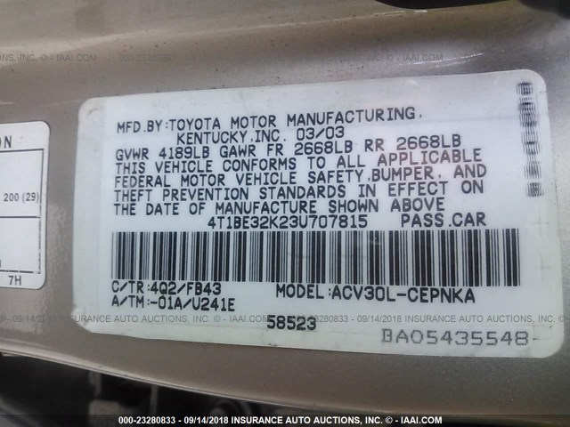 4T1BE32K23U707815 - 2003 TOYOTA CAMRY LE/XLE/SE Бежевый фото 9