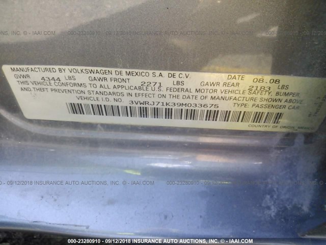 3VWRJ71K39M033675 - 2009 VOLKSWAGEN JETTA WOLFSBURG 灰色 照片 9